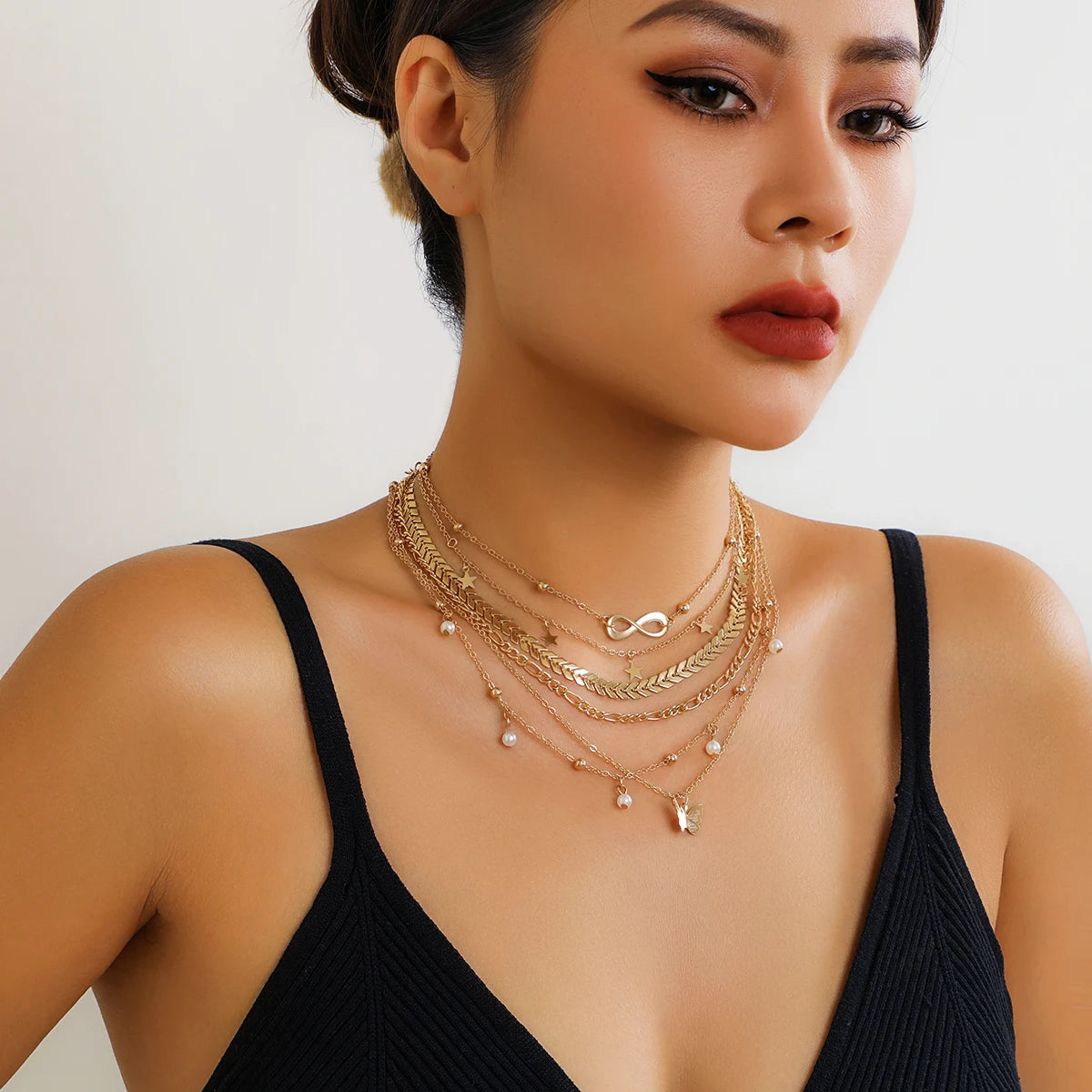 6Pcs/Set Boho Infinite Symbol Leaf Butterfly Pendant Necklace for Women Vintage Ethnic Imitation Pearl Thin Chain Party Jewelry