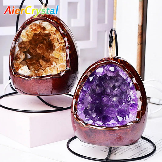 Natural Amethyst Cave Table Lamp Dinosaur Egg Bedroom LED Night Light  Bedside Lamp Amethyst Flower Handicraft Home Decoration