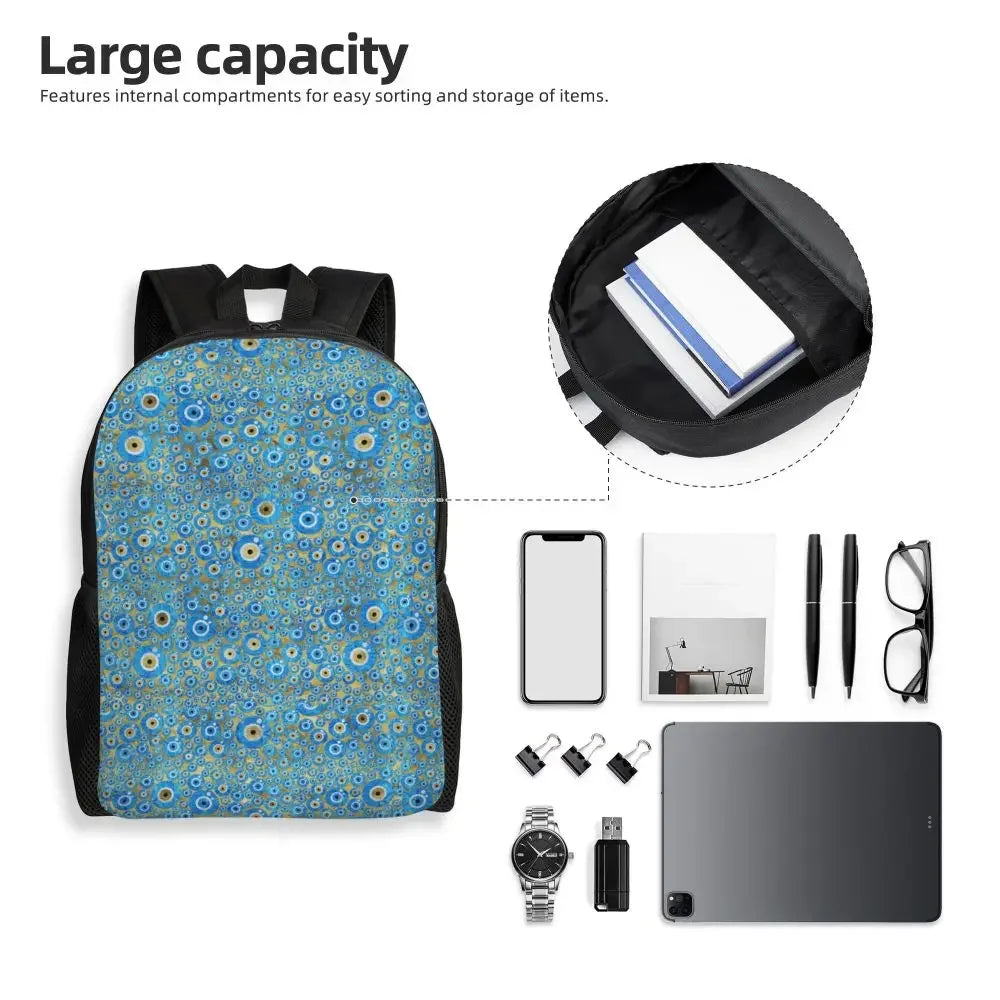 Custom Navy Blue White Mediterranean Evil Eye Mandala Pattern Backpacks Men Casual Bookbag for School College Bohemian Boho Bags