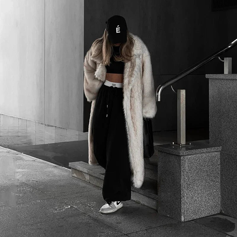 Premium Vintage Look Long Faux Fur Coat Women Gradient Maxi Overcoats 2024 Winter Cozy Iconic Fuzzy Outfits Parka Outwear