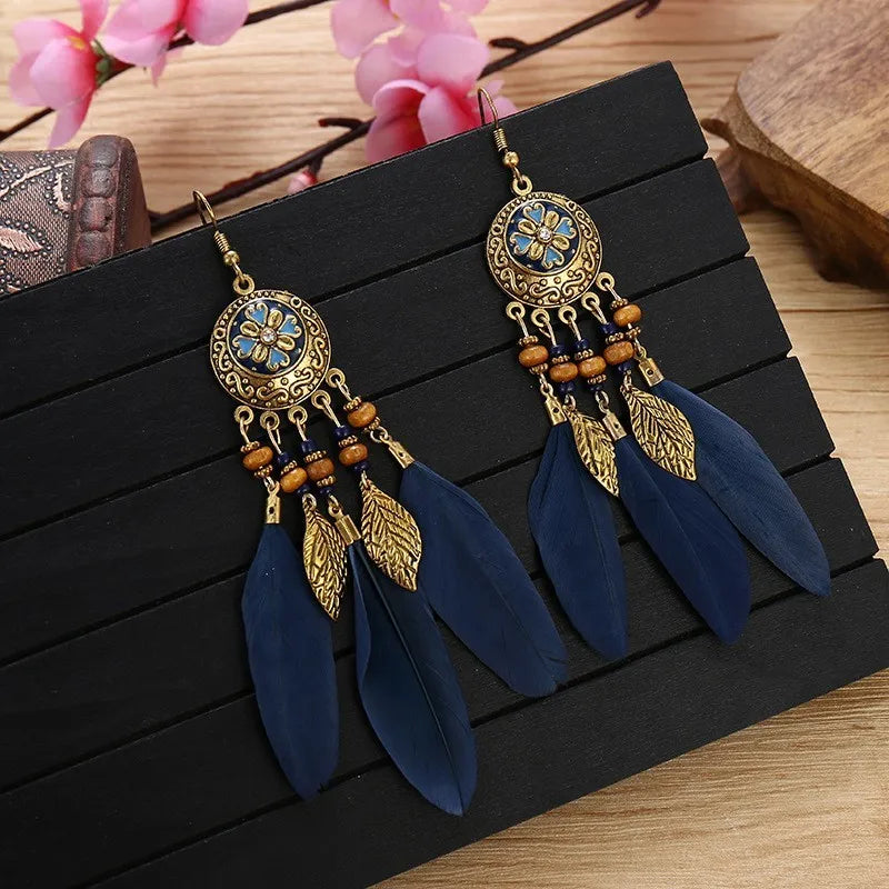 Boho Feather Tassel Earrings 2024 Trendy Elegant Antique Alloy Carved Wood Bead Leaf Dangling Earrings Women Party Jewelry