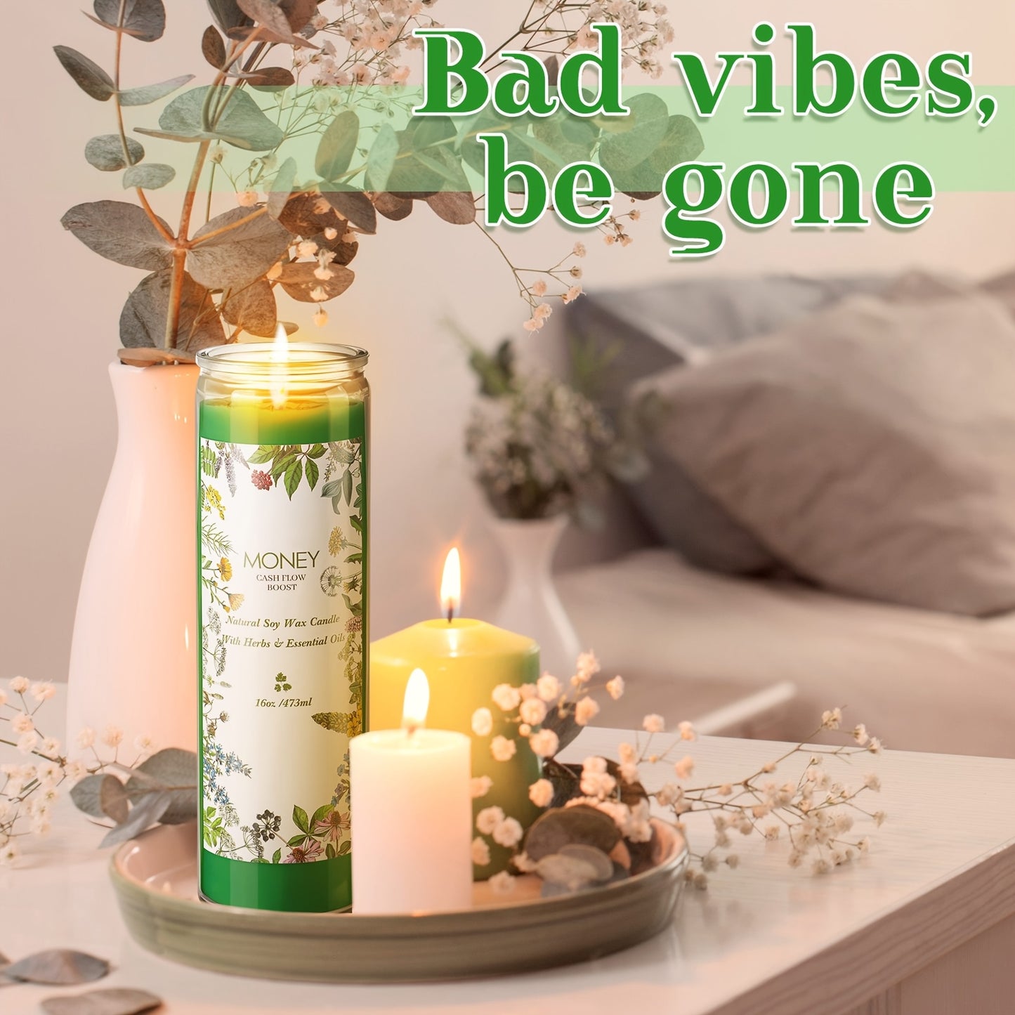 Yaomiao 2-Pack Soy Wax Scented Candles with Essential Oils & Herbs, Money Cash Flow Aroma for Prosperity & Abundance, Single-Wick, Glass Container, No Batteries Needed, Ideal for Christmas Holiday