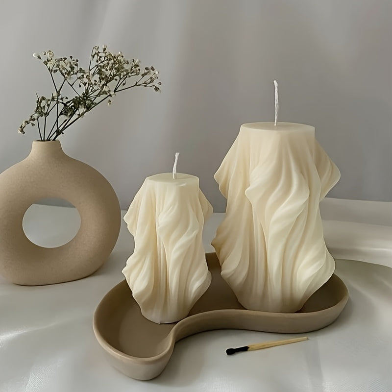 [Holiday Cheer, Aromatherapy Candle] Relaxing Spice Scent Handmade Soy & Beeswax Aromatherapy Candle - Modern Irregular Shape, Indoor/Outdoor Use, Minimalist Elegance, Geometric Wave Design, Scented Candles, Holiday Cheer