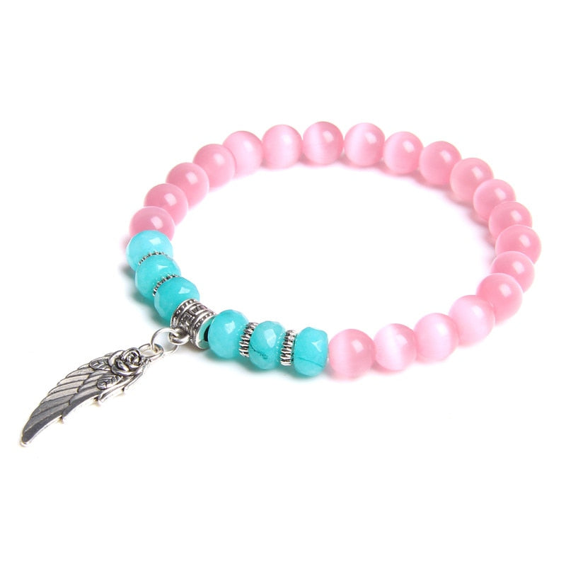 Pink Quartz with Angel Wings Pendent Bracelets Women Natural Stone Beads Charms Bangles Meditation Ethnic Handmade Jewelry Gift