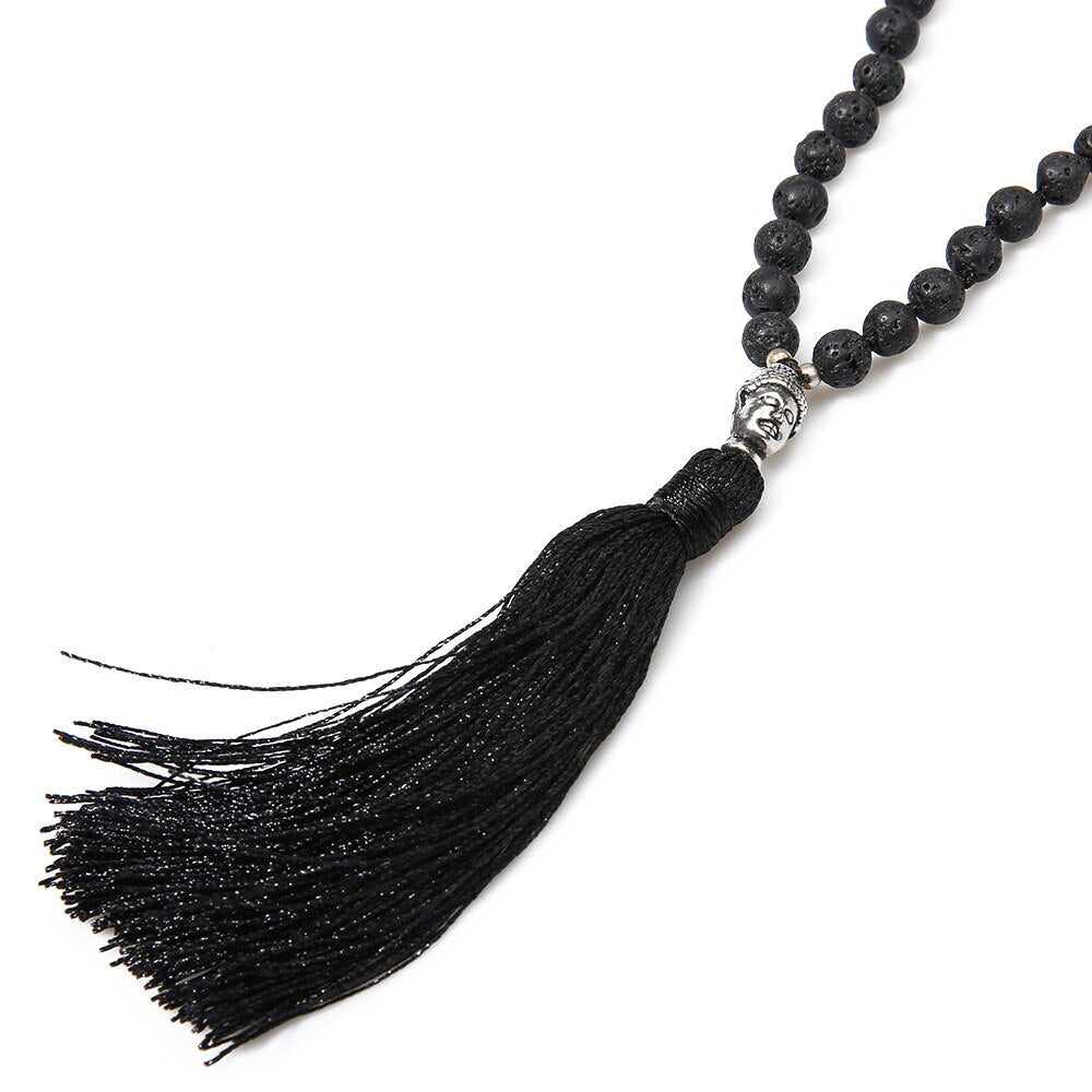 showboho Black Lava Stone Necklace Men Classic Buddha Pendants Necklaces Handmade Long Tassel Meditation Jewelry Erkek Joyeria