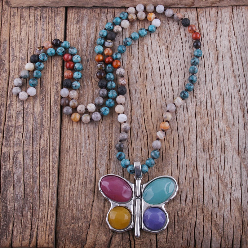 New ! 108 Beads Mala Multi Stone Knotted Butterfly Charm Pendant Necklace Women Meditation Yoga Necklace
