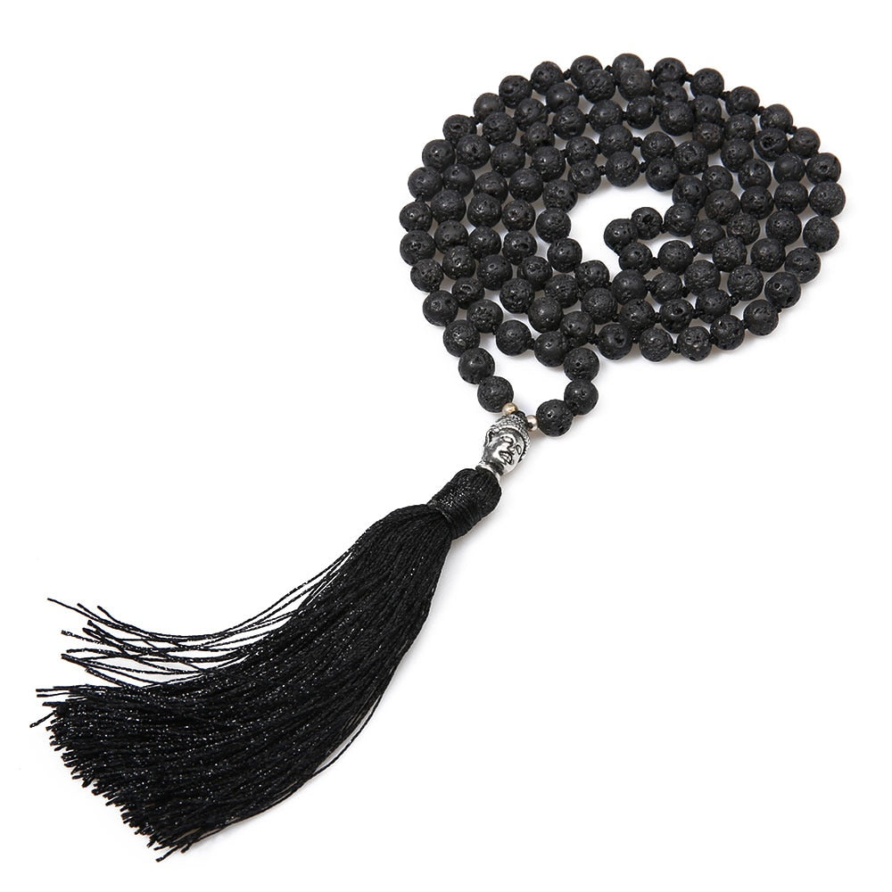 showboho Black Lava Stone Necklace Men Classic Buddha Pendants Necklaces Handmade Long Tassel Meditation Jewelry Erkek Joyeria