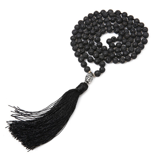 showboho Black Lava Stone Necklace Men Classic Buddha Pendants Necklaces Handmade Long Tassel Meditation Jewelry Erkek Joyeria