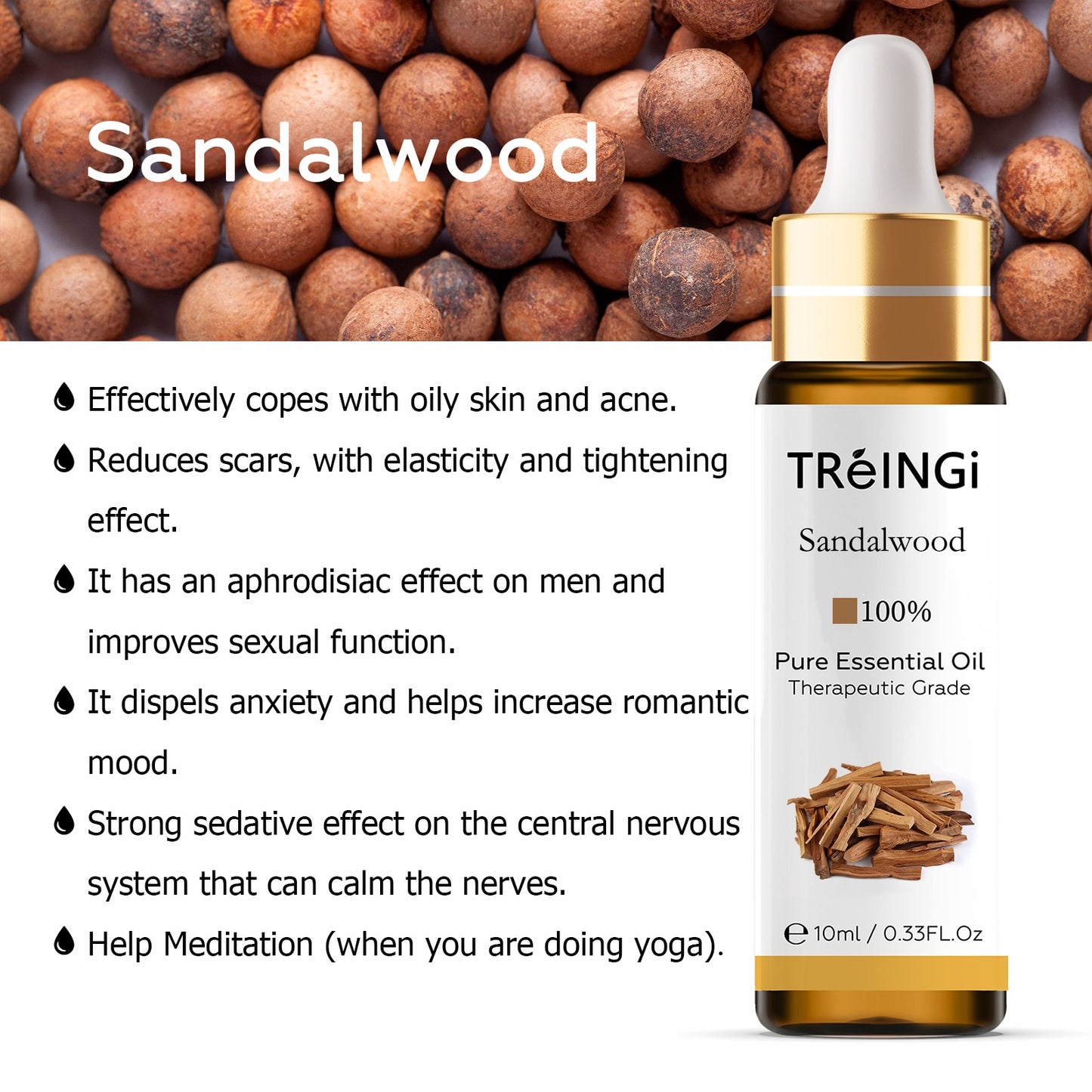 10ml Pure Natural Sandalwood Essential Oils Jasmine Lavender Rose Vanilla Mint Sage Cinnamon Bergamot Tea Tree Oil with Dropper
