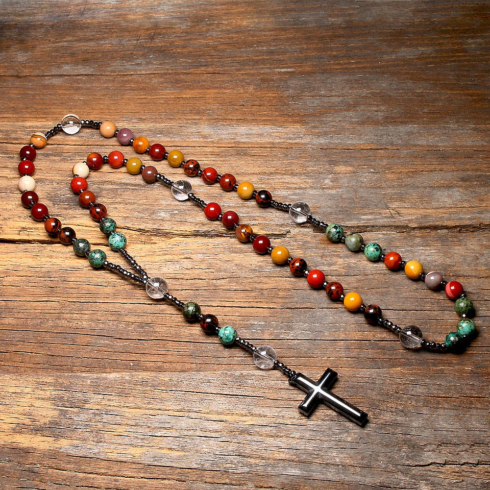 Natural Quartz Mookaite Beads Catholic Christ Rosary Necklaces Hematite Cross Pendant Necklace For Women Men Meditation Mala