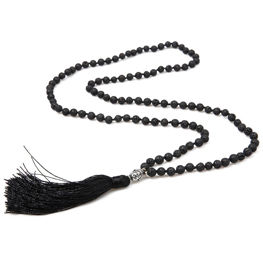 showboho Black Lava Stone Necklace Men Classic Buddha Pendants Necklaces Handmade Long Tassel Meditation Jewelry Erkek Joyeria
