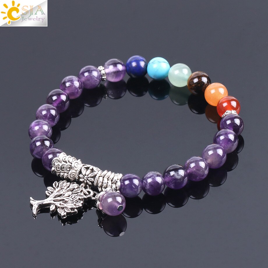 CSJA Natural Stone Purple Quartz 7 Chakra Beads Bracelet Yoga Meditation Tree of Life Pendant Balance Combination for Women F107