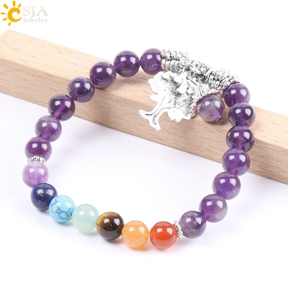 CSJA Natural Stone Purple Quartz 7 Chakra Beads Bracelet Yoga Meditation Tree of Life Pendant Balance Combination for Women F107