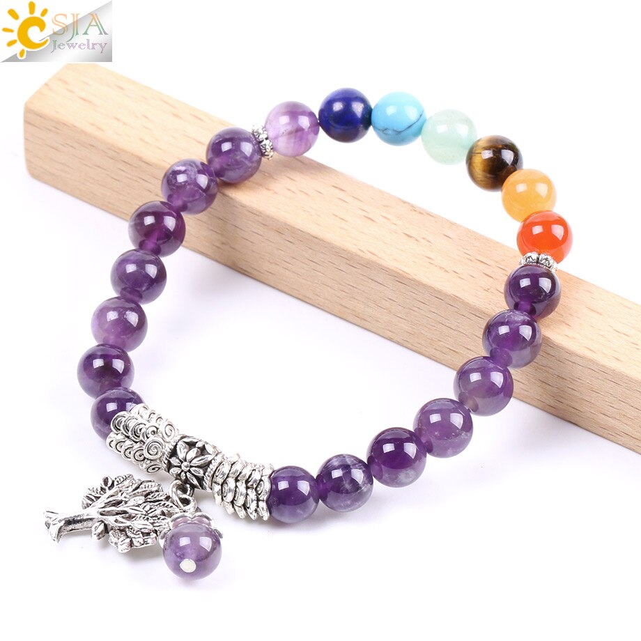 CSJA Natural Stone Purple Quartz 7 Chakra Beads Bracelet Yoga Meditation Tree of Life Pendant Balance Combination for Women F107
