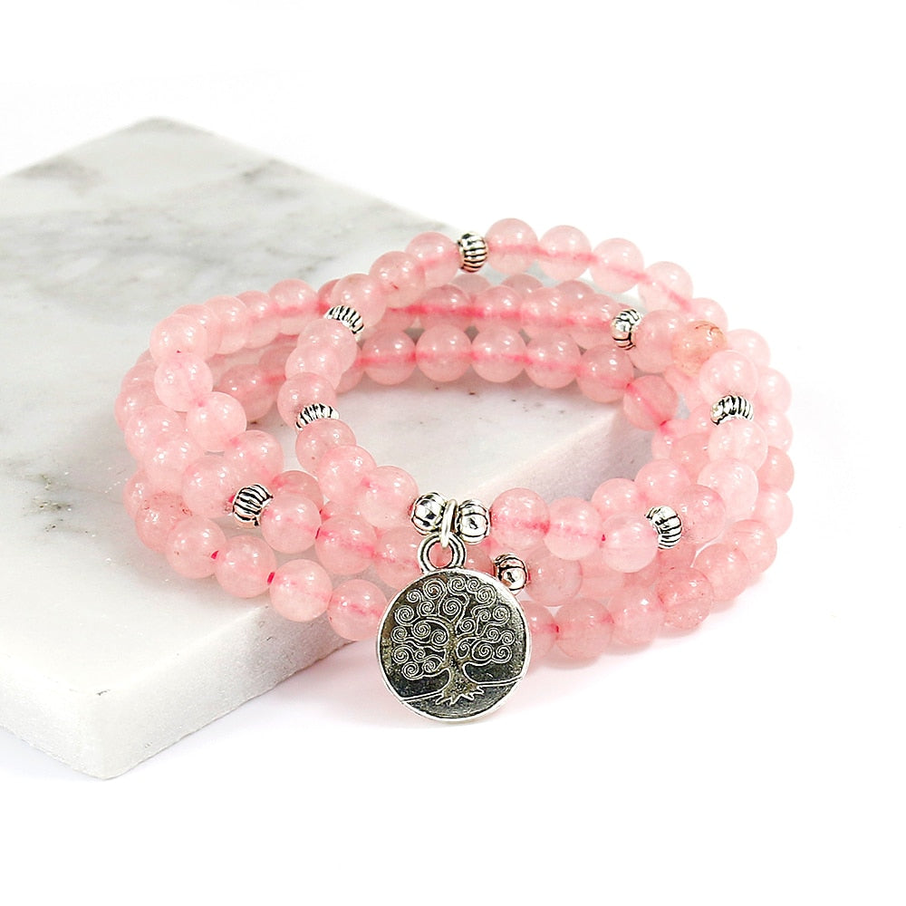 Pink Beads Buddhist Buddha Meditation 6mm 108 Beads Natural Stone Prayer Bead Bracelet Women Jewelry Women Stretch Yoga Jewelry