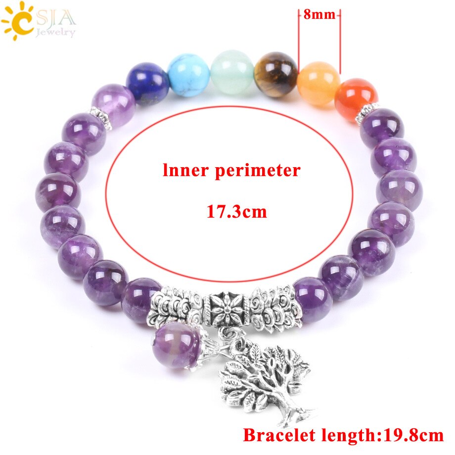 CSJA Natural Stone Purple Quartz 7 Chakra Beads Bracelet Yoga Meditation Tree of Life Pendant Balance Combination for Women F107
