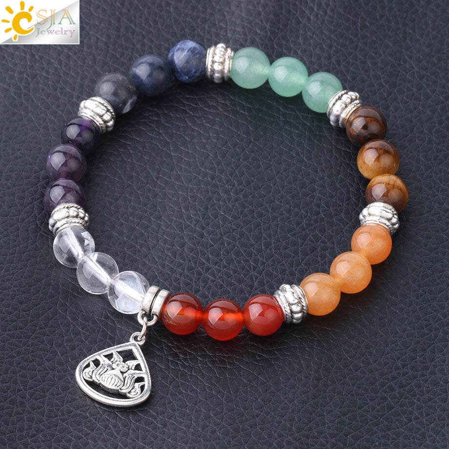 CSJA 7 Chakra Lotus Charms Bracelet Natural Stone Yoga OM 3D Pendants Meditation Healing Beads Bracelets Women Men Jewelry F823