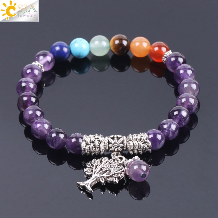 CSJA Natural Stone Purple Quartz 7 Chakra Beads Bracelet Yoga Meditation Tree of Life Pendant Balance Combination for Women F107