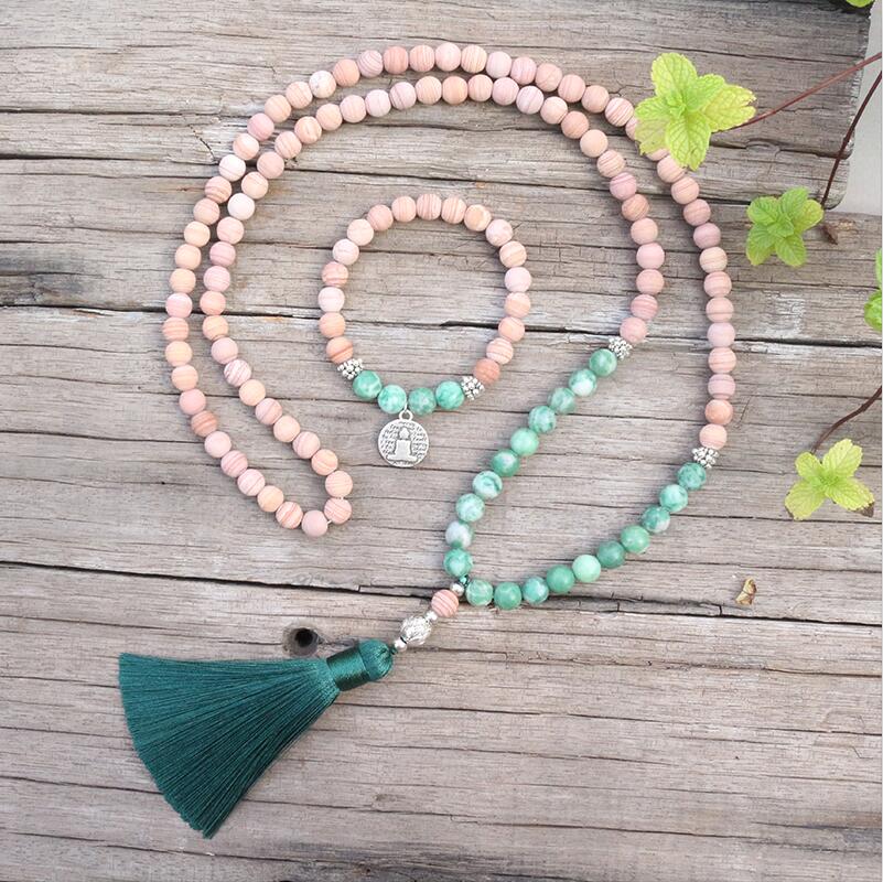 8mm Natural Stone Beads,Matte Line Stone,Qinghai Jadeite,JapaMala Sets,Spiritual Jewelry,Meditation,Inspirational,108 Mala Beads