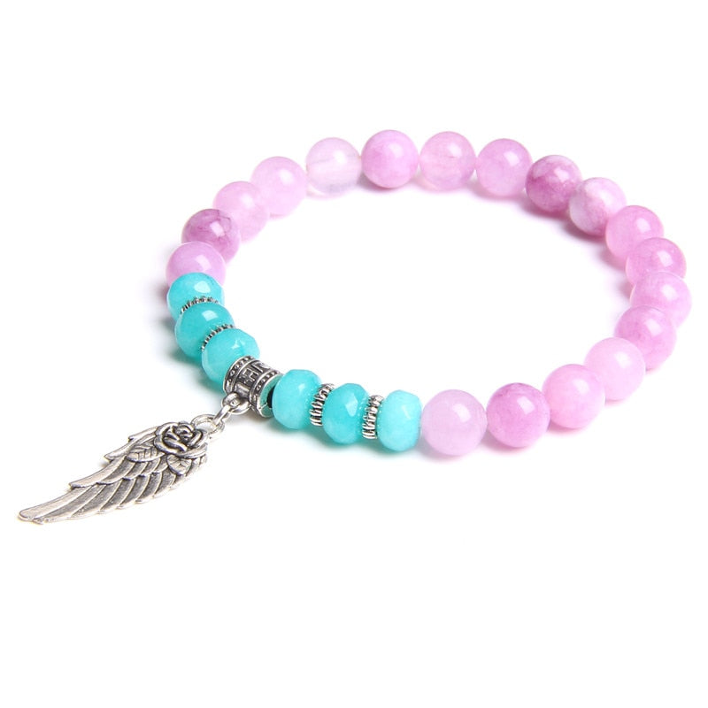 Pink Quartz with Angel Wings Pendent Bracelets Women Natural Stone Beads Charms Bangles Meditation Ethnic Handmade Jewelry Gift