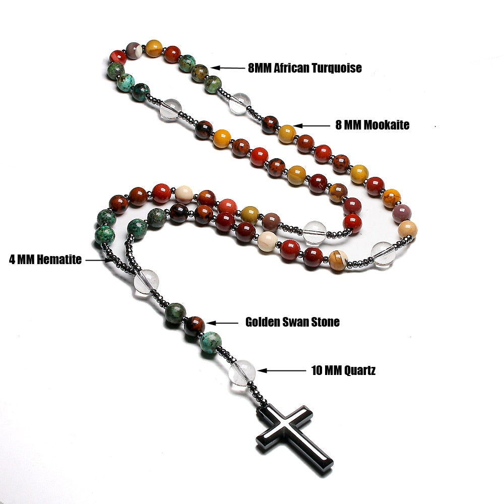 Natural Quartz Mookaite Beads Catholic Christ Rosary Necklaces Hematite Cross Pendant Necklace For Women Men Meditation Mala