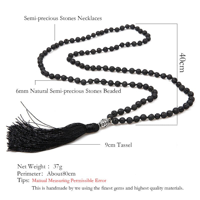 showboho Black Lava Stone Necklace Men Classic Buddha Pendants Necklaces Handmade Long Tassel Meditation Jewelry Erkek Joyeria