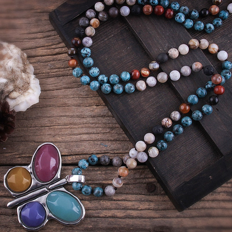 New ! 108 Beads Mala Multi Stone Knotted Butterfly Charm Pendant Necklace Women Meditation Yoga Necklace