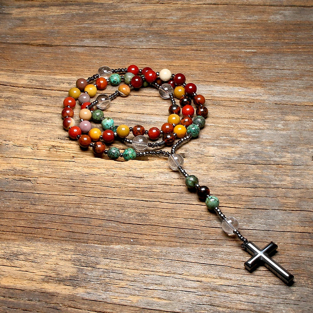 Natural Quartz Mookaite Beads Catholic Christ Rosary Necklaces Hematite Cross Pendant Necklace For Women Men Meditation Mala