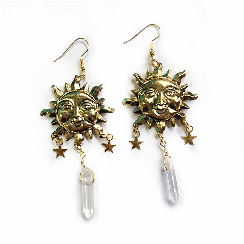 Sun Goddess Quartz Charm Earrings Star Moon Crystal Bohemian Hippie Celestial Earrings Witch Metaphysical Jewelry