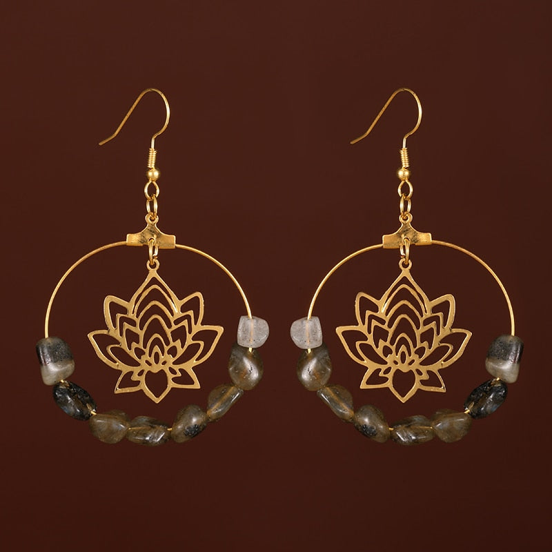 Fashion Golden Hoop Lotus Quartz Crystal Hoop Earrings Gypsy Tribal Earrings Witch Metaphysics Jewelry Ladies Gifts