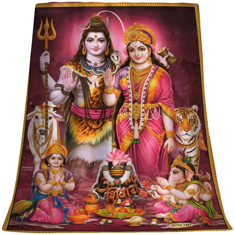 Hinduism Lord Shiva Parvati Family Indian God Ganesh Kartik Spiritual Ox Tiger Flannel Blanket Suitable For All Seasons