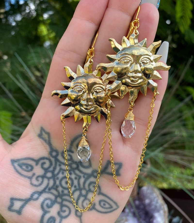 Sun Goddess Quartz Charm Earrings Star Moon Crystal Bohemian Hippie Celestial Earrings Witch Metaphysical Jewelry
