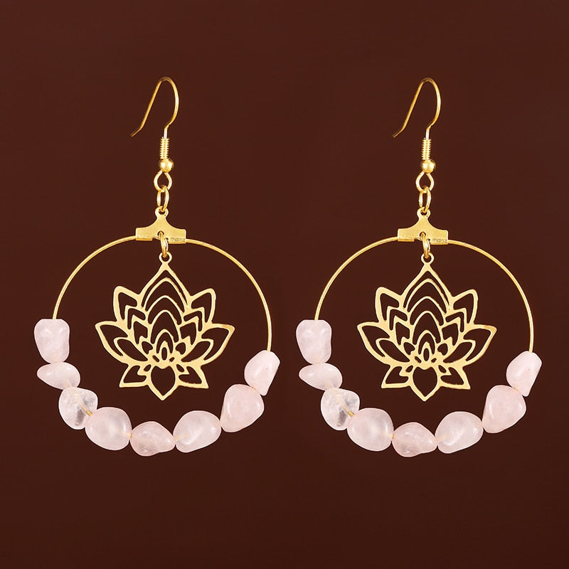 Fashion Golden Hoop Lotus Quartz Crystal Hoop Earrings Gypsy Tribal Earrings Witch Metaphysics Jewelry Ladies Gifts