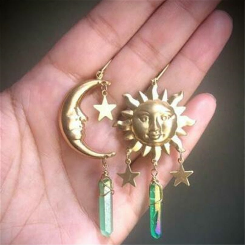 Sun Goddess Quartz Charm Earrings Star Moon Crystal Bohemian Hippie Celestial Earrings Witch Metaphysical Jewelry