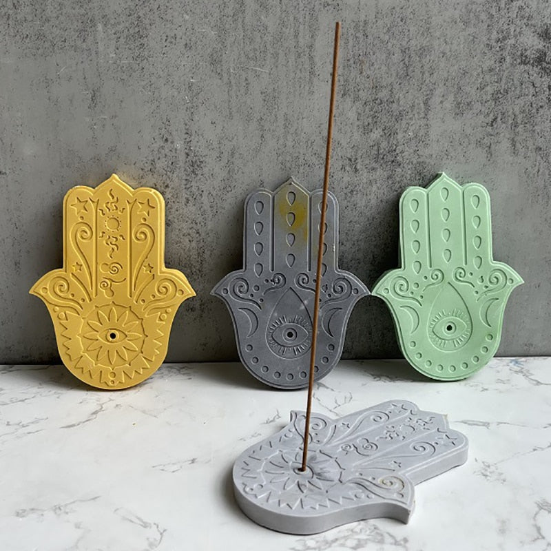 2PCS Hand of Fatima Incense Sticks Base Silicone Mold DIY Yoga Cement Plaster Flower of Life Incense Holder Tray Home Decoration