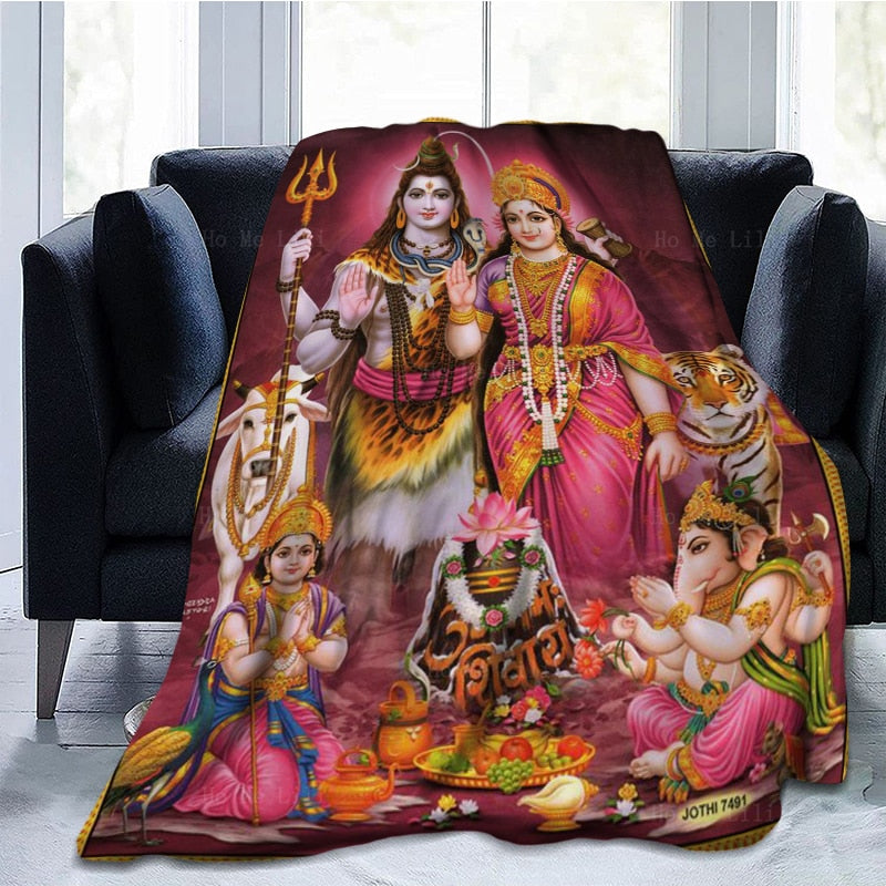 Hinduism Lord Shiva Parvati Family Indian God Ganesh Kartik Spiritual Ox Tiger Flannel Blanket Suitable For All Seasons
