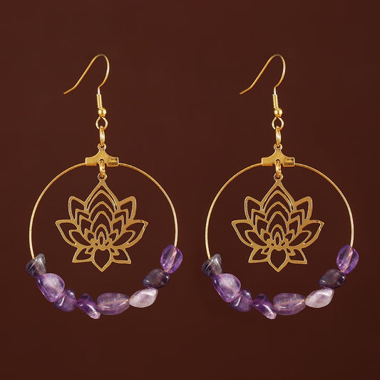 Fashion Golden Hoop Lotus Quartz Crystal Hoop Earrings Gypsy Tribal Earrings Witch Metaphysics Jewelry Ladies Gifts