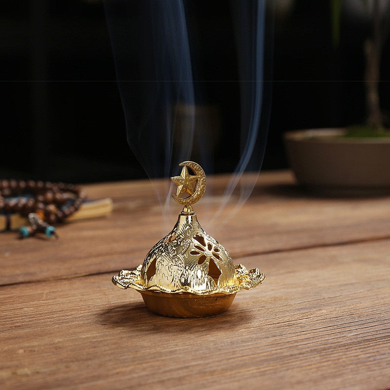 2023 Muslim Eid Mubarak Star Moon Mini Portable Golden Incense Tower Ornaments Ramadan Decor for Home Ramadan Kareem Party Decor