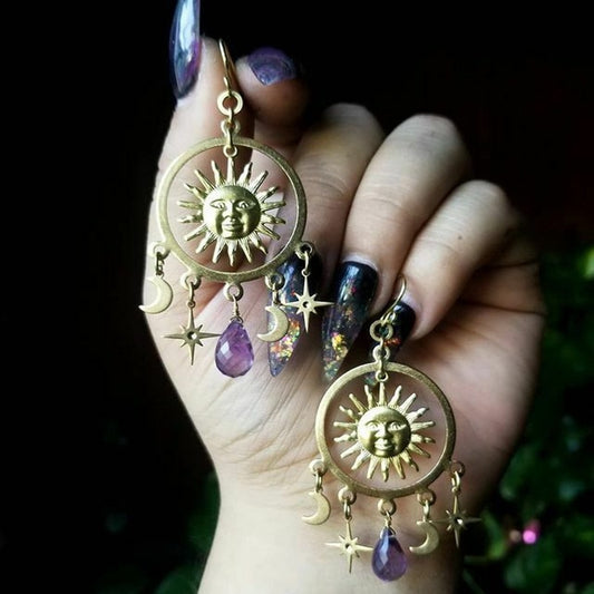Sun Goddess Earrings Stars Moon Purple Crystal Earrings Bohemian Hippie Celestial Earrings Witch Metaphysics Jewelry