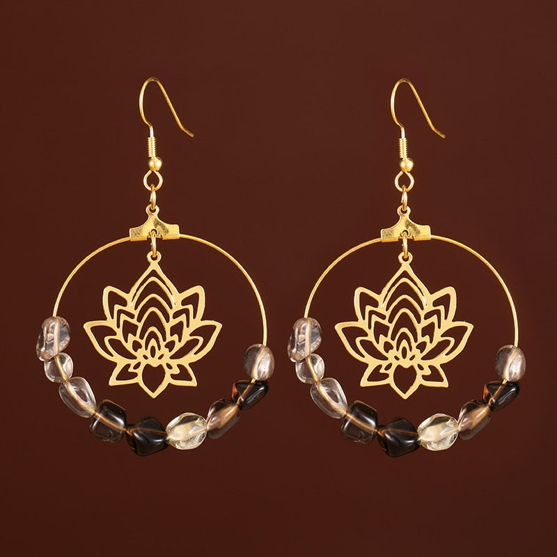 Fashion Golden Hoop Lotus Quartz Crystal Hoop Earrings Gypsy Tribal Earrings Witch Metaphysics Jewelry Ladies Gifts