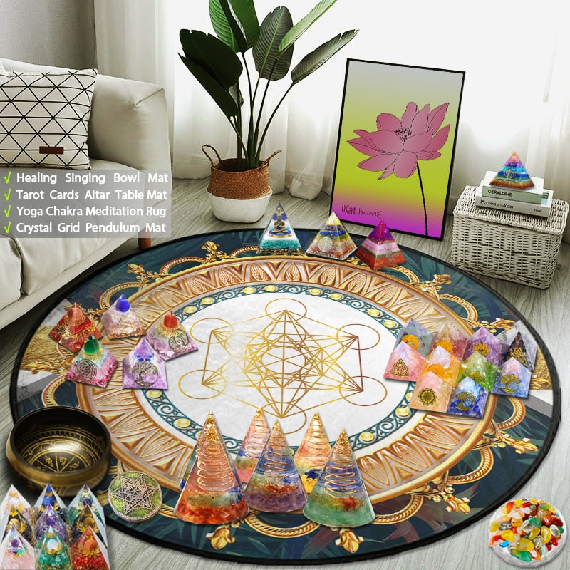 Spiritual Round Rug Buddhist Meditation Mat Reiki Altar Tarot Deck Oracle Card Table Pad Pagan Astrology Metatron Mandala Carpet