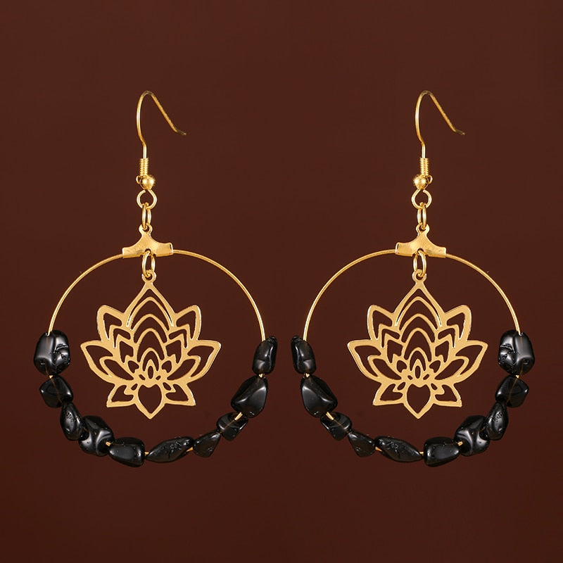 Fashion Golden Hoop Lotus Quartz Crystal Hoop Earrings Gypsy Tribal Earrings Witch Metaphysics Jewelry Ladies Gifts