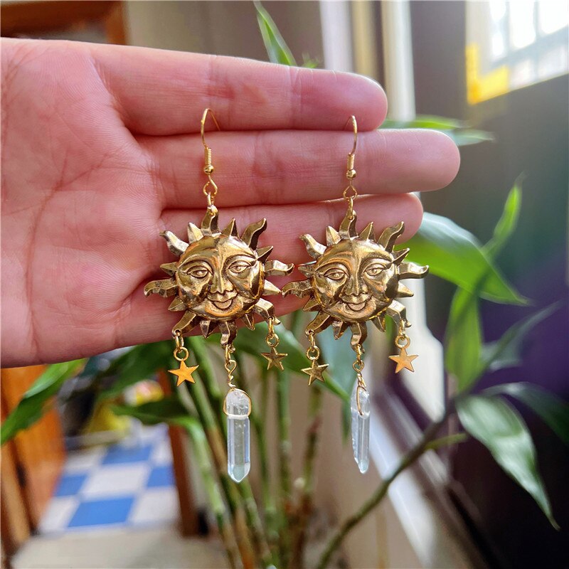 Sun Goddess Quartz Charm Earrings Star Moon Crystal Bohemian Hippie Celestial Earrings Witch Metaphysical Jewelry