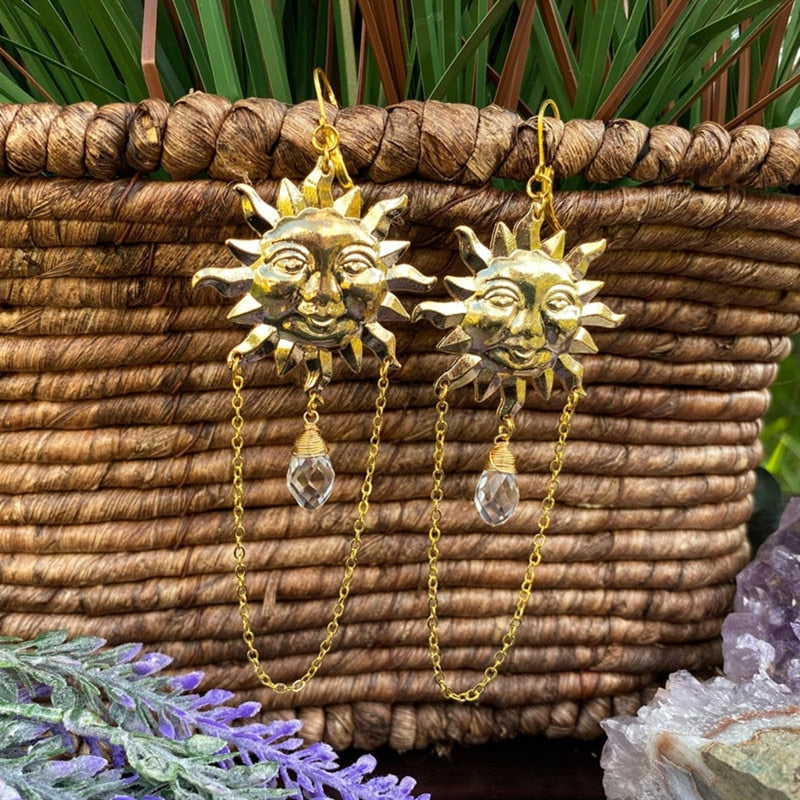 Sun Goddess Quartz Charm Earrings Star Moon Crystal Bohemian Hippie Celestial Earrings Witch Metaphysical Jewelry