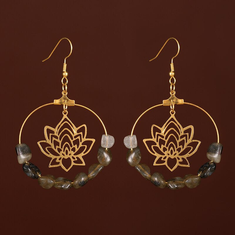 Fashion Golden Hoop Lotus Quartz Crystal Hoop Earrings Gypsy Tribal Earrings Witch Metaphysics Jewelry Ladies Gifts
